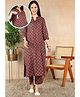 Moms Ever Blended Woven Three Fourth Sleeves Hearts Printed Maternity Kurti With Side Nursing Access & Pant Set - Brown