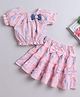 The Magic Wand Cotton Woven Half Puffed Sleeves Typography Printed Bow Applique Detailed Top & Skirt Set- Pink