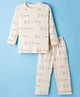 Doreme Knitted Full Sleeves Co-ords  Night Suit With Animal Print - Beige