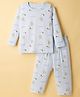 Doreme Knitted Full Sleeves Co-ords Night Suit With Animal Print - Light Blue