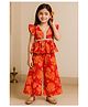 Tales & Stories Viscose Woven Frill Sleeves Floral Printed Lace Embroidered Top & Palazzo Set - Red