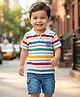 Babyhug Cotton Knit Half Sleeves Striped Polo T-Shirt & Denim Short Set - Blue