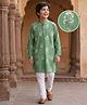 Pine Kids Woven Full Sleeves Kurta Pyjama Set With Foil Floral Print - Olive Green & White