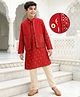Pine Kids Woven Full Sleeves Kurta Pajama Set with Jacket & Rhinestone Detailing - Red