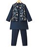 Pine Kids Woven Full Sleeves Kurta Pyjama Set With Foil Floral Printed Nehru Jacket - Navy Blue
