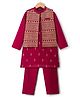Pine Kids Woven Full Sleeves Printed Kurta Pyjama Set With Sequin Embroidered Nehru Jacket - Maroon