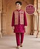 Pine Kids Woven Full Sleeves Printed Kurta Pyjama Set With Sequin Embroidered Nehru Jacket - Maroon
