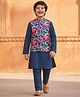 Pine Kids Woven Full Sleeves Kurta Pajama Set with Jacket & Floral Print - Navy Blue
