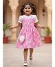 Lagorii Cotton Blend Woven Half Puffed Sleeves Floral Printed Dress With Sling Bag - Pink