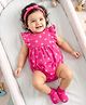 Babyhug 100% Cotton Knit Frill Sleeves Onesie with Hairband & Booties Set with Floral Print - Pink