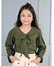 Cutiekins Woven Full Peasant Sleeves Bow Applique Detailed Top - Olive Green