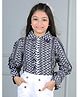 Cutiekins Woven Full Puffed Sleeves Chevron Printed Top - Navy Blue & White