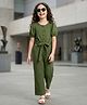 Pine Kids Cotton Knit Half Puffed Sleeves Solid Colour Full Length Jumpsuit - Dark Green