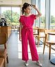 Pine Kids Cotton Knit Half Puffed Sleeves Solid Colour Full Length Jumpsuit with Frill Detailing - Dark Pink