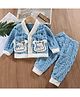 Little Jump Cotton Knit Full Sleeves Animal Patch Detailed Winter Jacket & Pant Set - Blue