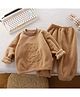 Little Jump Cotton Woven Full Sleeves Teddy Bear Embroidered Tee & Pant Set - Brown