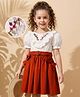 Hola Bonita Cotton Woven Half Puffed Sleeves Dress with Bow Applique & Floral Embroidery - Rust Orange