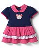 ToffyHouse Woven Half Sleeves Frock With Animal Patch & Bow Print - Navy Blue & Pink