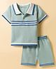 ToffyHouse Cotton Woven Half Sleeves Polo T-Shirt & Shorts Set with Stripes - Mint