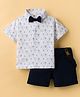 ToffyHouse Cotton Knit Half Sleeves Balloon Printed T-Shirt & Shorts Set with Bow & Suspender - White & Navy Blue