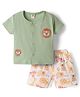 ToffyHouse Cotton Knitted Half Sleeves Front Open T-Shirt with Shorts Set with Animal Print & Embroidery - Light Green