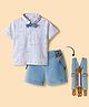 ToffyHouse Cotton Knit Half Sleeves Printed Polo T-Shirt & Shorts With Bow & Suspender - Light Blue & White