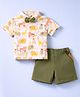 ToffyHouse Cotton Knit Half Sleeves T-Shirt Shorts Bow & Suspender with Animal Print - Cream