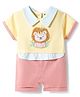 ToffyHouse Cotton Woven Half Sleeves Romper with Lion Embroidery - Lemon & Pink