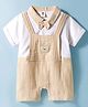 ToffyHouse Cotton Knit Half Sleeves Dungaree Style Party Romper with Teddy Patch & Bow Applique - Beige