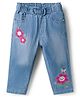 Babyhug Full Length Washed Denim Jeans With Floral Embroidery & Stretch - Light Blue