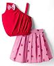 Dew Drops Interlock Knit Sleeveless Top & Skirt Set with Strawberry Print & Bow Applique - Red & Pink