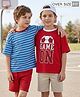 Honeyhap Premium 100% Knit Drop Shoulder Half Sleeves Striped T-Shirts With Bio Finish & Game On Print Pack of 2 - Mars Red & Aster Purple