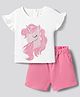 Bonfino 100% Cotton Knit Frill Sleeves T-Shirt & Shorts Set with Unicorn Print & Sequin Detailing - Pink & White