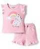 Bonfino 100% Cotton Knit Flutter Sleeves Unicorn Printed T-Shirt & Shorts Set with Frill Detailing - Pink
