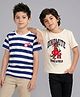 Honeyhap Premium 100% Cotton Knit Half Sleeves Striped & Dino Printed T-shirts With Bio Finish Pack of 2 - White Navy Blue & Cream