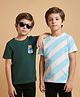 Honeyhap Premium  100% Cotton Knit with Bio Finish Half Sleeves T-Shirts with Stripes & Outdoor Club Patch Pack of 2 - Air Blue Bright White & Juniper Green