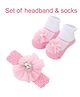 Neska Moda Floral Applique Detailed Pearl Embellished Headband With Socks - Baby Pink