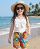 OLLINGTON ST. Cotton Knit Sleeveless Top & Printed Shorts Set with Bow Applique - White & Multicolour