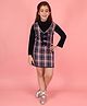 Cutecumber Velvet Woven Full Sleeves Checked Bow Applique Detailed Dress With Top - Navy Blue