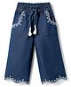 Babyhug Full Length Cotton Denim Palazzo with Embroidery - Navy Blue