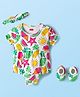 Babyhug 100% Cotton Interlock Knit Half Sleeves Onesies With Tropical Theme Print & Booties & Hairband - White