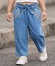 Babyhug Ankle Length Denim Culottes with Belt & Floral Embroidery - Light Blue