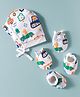 Babyhug 100% Cotton Interlock Knit Cap Mittens & Booties Set With Vehicle Print White - Diameter 13 cm