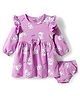 Doodle Poodle 100% Cotton Single Jersey Knit Full Sleeves Bear Printed Frock with Bloomer - Violet