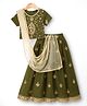 Pine Kids Woven Half Sleeves Lehenga Choli Set With Floral Embroidery & Sequin Detailing & Dupatta - Olive Green