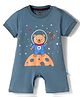 Mini Taurus Interlock Knit Half Sleeves Romper With Teddy Astronaut Print - Blue