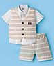 Mini Taurus Interlock Knit Half Sleeves Printed 3 Piece Party Suit With Bow - Beige