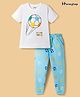 Honeyhap Premium 100% Cotton Knit Half Sleeves T-Shirt &  Lounge Pant Night Suit With Bio Finish & Football Print - Light Blue & White