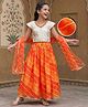 Pine Kids Woven Half Sleeves Lehenga Choli Set With Floral Embroidery & Dupatta - White & Orange