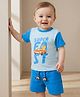 Babyoye 100% Cotton Knit Half Sleeves Car & Tiger Embroidered T-Shirt & Shorts Set - Light Blue